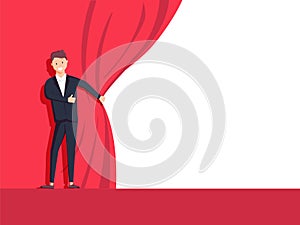 Businessman hands pull rope red cloth. Grand opening concept. Vector illustration flat design. Isolated on background.