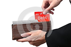 Businessman hands pulling red folder pay off DEBT concept on bro