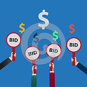 Businessman hands raising auction bid sign design vector illustration