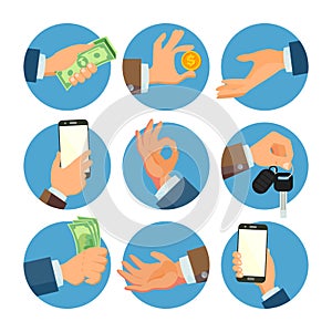 Businessman Hands Set Vector. Salesman, Worker. Banking Finance Sale Concept. Human Hand Business Banner. Hand Holding