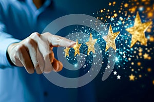 Businessman hands shows four stars feedback of customer service satisfaction guaranteed, reputation and quality