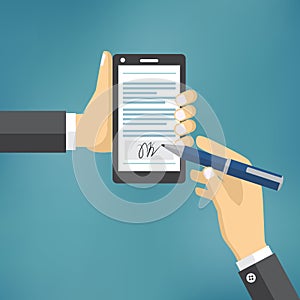 Businessman Hands signing Digital signature.