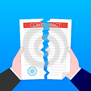 Businessman hands tearing apart contract document. Vector illustration.