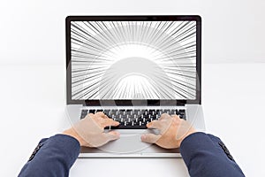 Businessman hands typing laptop computer with speed radial zoom