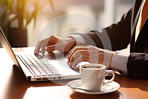 A businessman hands typing on laptop computer while working at office, business and management concept background with copy space