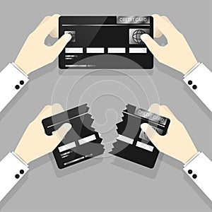 Businessman hands in white suit holding with perfect condition credit card and teared credit card