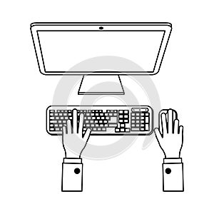 Businessman hands working on computer black and white