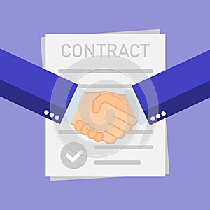 Businessman handshake on contract paper after agreement. Vector on isolated white background. Eps 10