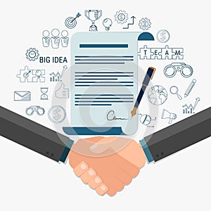 Businessman handshake and contract to sign on agreement paper.