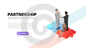 Businessman handshake on puzzle. Partnership concept. Isometric 3d vector illustration