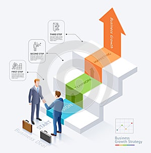 Businessman handshake together In front of the stairs with arrow infographics diagram