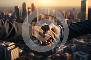 Businessman handshake on workplace background at sunset