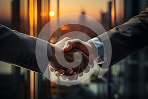 Businessman handshake on workplace background at sunset