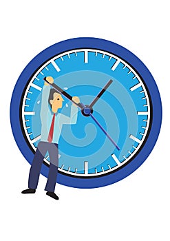 Businessman hanging on a clock. Concept of time management or urgency