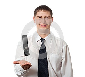 Businessman with hanging phone