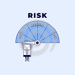 Businessman hanging on a risk meter. Risk on the speedometer is high, medium, low. Cartoon character thin line style vector.