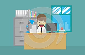 Businessman with happiness in the work.Cartoon of business success is the concept of the man characters business, the mood