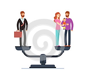 Businessman and happy family with kids on scales. Work and life balance business vector concept