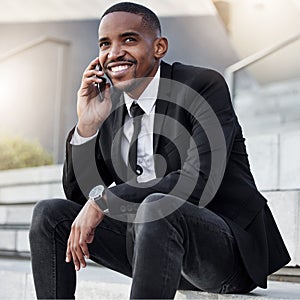 Businessman, happy and phone call on city steps for networking or business travel plans and communication. Male employee