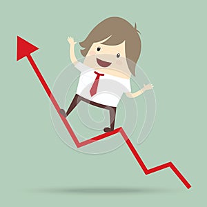Businessman is happy and running up on red arrow growing graph,