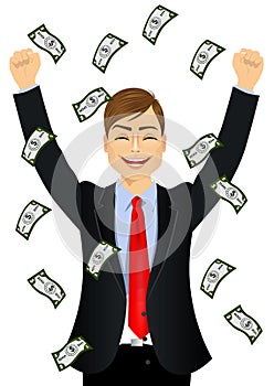 Businessman happy seeing raining money bills