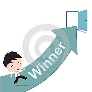 Businessman happy to running on green arrow and open door with word Winner, road to success concept, presented in form