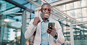 Businessman, happy or winning on a phone in city commute or outdoor travel with good news. Success, employee or excited