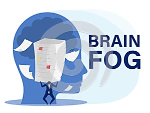 Businessman hard work with many papers on head as anxiety, brain fog, crisis,concept vector illustrato