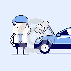 Businessman have a force majeure, a car broke down. Cartoon character thin line style vector.