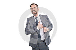 Businessman having heart attack from overwork. Business man in suit with chest pain. Business problem. Mature