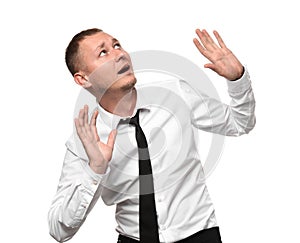 Businessman having panic attack on white background