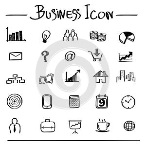 Businessman with a headache against Hand drawn business icons