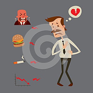 Businessman heart risk man heart attack stress infarct vector illustration smoking drinking alcohol harmful depression