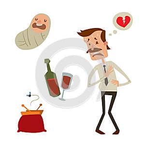 Businessman heart risk man heart attack stress infarct vector illustration smoking drinking alcohol harmful depression