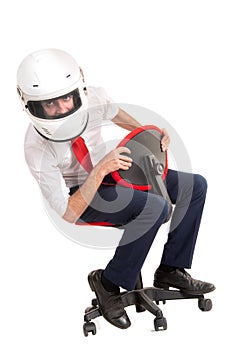 Businessman with helmet racing