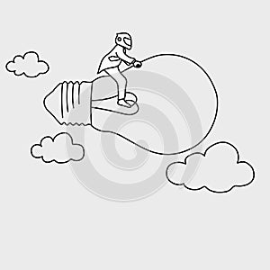 Businessman with helmet riding on flying lamp vector illustratio