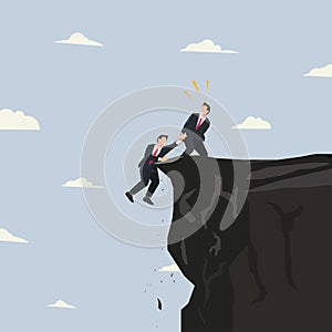 Businessman helping another businessman on the cliff. Help each other in business concept illustration