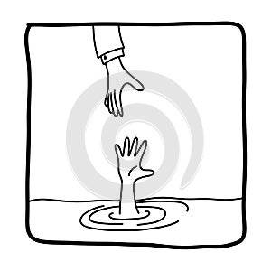 Businessman helping drowning man in sea vector illustration sketch doodle hand drawn with black lines isolated on white background