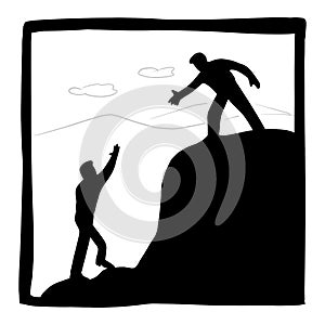 Businessman helping each other hike up mountain vector illustration with black lines isolated on white background.