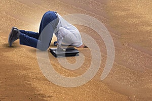 The businessman hiding his head in sand escaping from problems