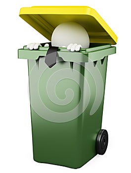 Businessman hiding in a trash bin