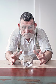 Businessman in his 50s looks at a crystal ball