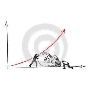Businessman with his friends help the red arrow up with big bulb vector illustration sketch doodle hand drawn with black lines