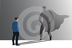 Businessman with his shadow of superhero on the wall. Concept of powerful man. illustration