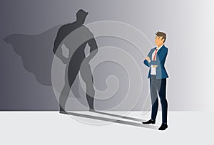 Businessman with his shadow of superhero on the wall. Concept of powerful man. vector