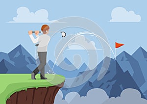 Businessman hit golf and making a hole in one across the mountain.