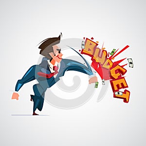 Businessman hitting `Budget` text design. budget fight concept. no worry for budget - vector