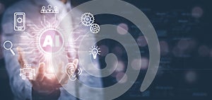 Businessman hold arrow with Artificial Intelligence AI,on big data network machine learning and data on the dark background, art