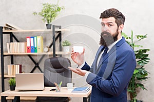 Businessman hold blank card. Useful contacts. Bearded hipster top manager show card. Banking services. Private lawyer