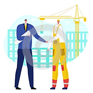 Businessman hold blueprint document with drawing building structure handshake engineer flat  illustration
